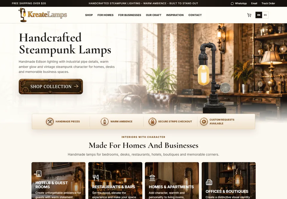 Kreate Lamps ecommerce website preview
